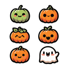 Cute Halloween Pumpkin and Ghost Characters Vector Set for Stickers and Prints