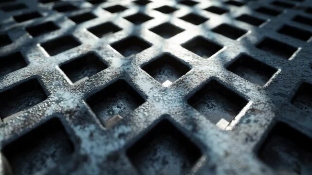 Close-up of weathered metal grating with rusted surface and geometric pattern