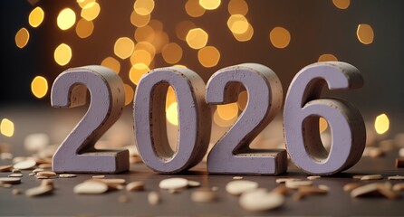 **Description:**
The image showcases the year 2026, represented by individual, wooden numerals, illuminated by a warm, blurred bokeh effect background. Hints of celebration lie amongst the numbers, su