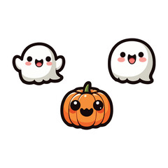 Halloween Cartoon Pumpkins and Ghosts Vector Icons with Fun Facial Expressions