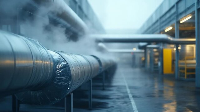 Industrial steam pipes and cooling system with fog and concrete floor in modern factory
