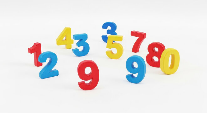 Colorful plastic numbers on a white background.