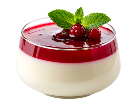 ミントを添えた爽やかなベリーソースがとろけるパンナコッタ｜背景なし・透過PNG
