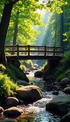 Tranquil Rustic Wooden Creek Bridge Bathed in Sunlight, Perfect Autumn Landscape for Travel and Nature Websites
