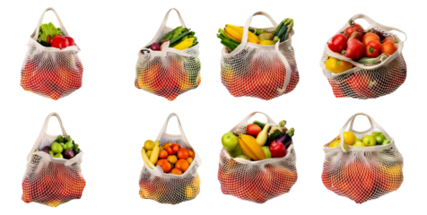 Fresh Produce in Eco-Friendly Mesh Bags for Sustainable Shopping, Isolated on Transparent, white background