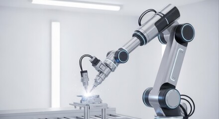 A robotic arm precisely welds a metal component in a clean, modern industrial setting.