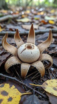 Earthstar Mushroom in Autumnal Forest - A Unique Fungal Specimen.