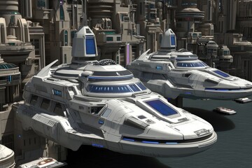 Futuristic ships hover over a city of tall, light-beige buildings