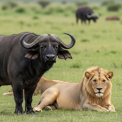 Obraz premium Lion and Cape Buffalo - An Unlikely Alliance in the African Savanna.