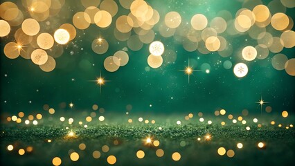 Sparkling golden bokeh lights shimmering against a deep emerald green textured background with reflections