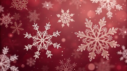 Beautifully detailed white snowflakes falling gently against a warm festive red background