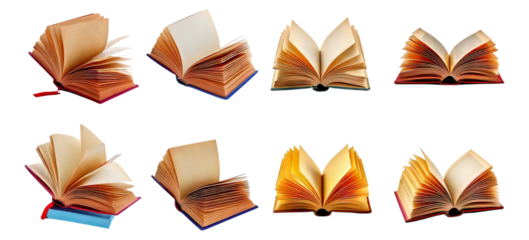 Collection of Open Books with Pages in Various Positions and Angles, Isolated on Transparent, white background
