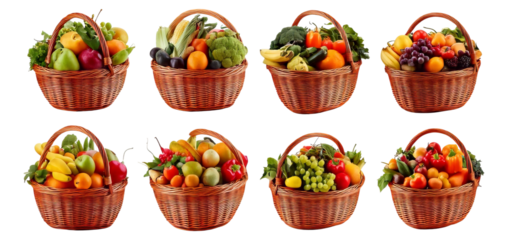 Fresh and Colorful Fruit and Vegetable Baskets for Healthy Living, Isolated on Transparent, white background