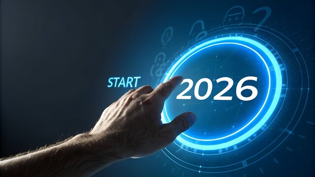 Hand pressing a glowing blue button labeled start 2026 representing new beginnings and future planning