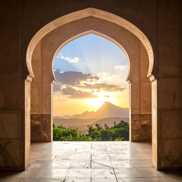 A classic arched doorway framing a sunset over distant mountains