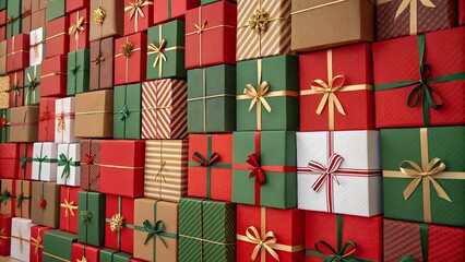 A large wall of beautifully wrapped christmas presents in red green and gold colors