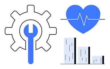 Gear with wrench for optimization, heart with cardiogram for health monitoring, and bar chart for analytics. Ideal for wellness, efficiency, repair, healthcare, progress, maintenance improvement