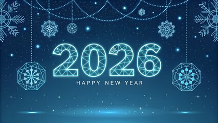 Futuristic glowing 2026 happy new year greeting with digital snowflakes and bokeh lights