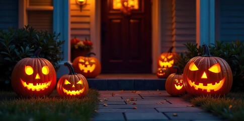 Glowing Jack-o-Lanterns on a Porch at Night Spooky Halloween Background