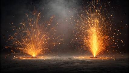 Two bright golden fountains of sparks erupt upwards against a dark smoky background creating a festive and celebratory atmosphere