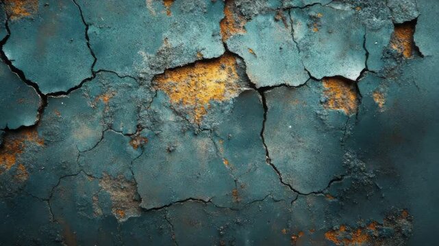 Close-up of weathered cracked blue paint with rust and texture