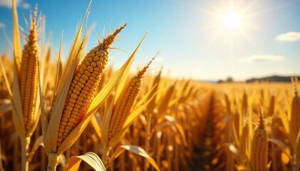 Golden Cornfield Harvest Abundant Ripe Ears Gleam Under Autumn Sun, Ready for Gathering.  A picturesque scene of fall bounty evokes prosperity and the richness of the harvest season.