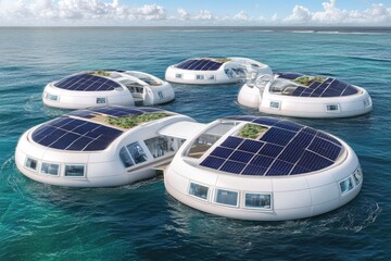 Floating, interconnected, eco-friendly pods on the ocean