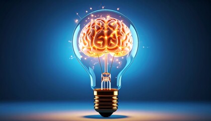 Brain as Lightbulb Creative Concept with Idea, Innovation, Intelligence, and On Blue Background.