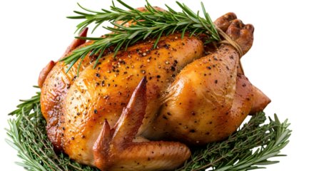 A whole roasted chicken seasoned with herbs and spices, isolated on transparent background