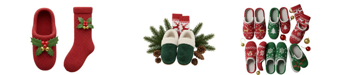 Fototapeta premium A festive array of christmas themed slippers and socks arranged in a decorative holiday display on transparent background