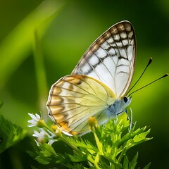 Obraz premium A close-up of a butterfly perched on a cluster of white and yellow flowers