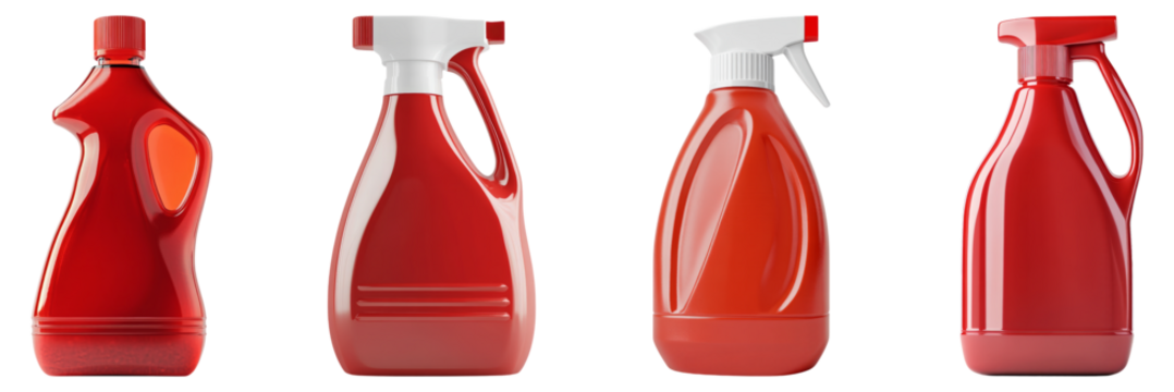 Various Red Cleaning Spray Bottles for Home or Professional Use, Isolated on Transparent Background
