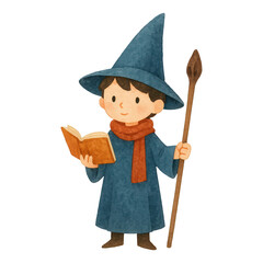 PNG Cute wizard reading book illustration.