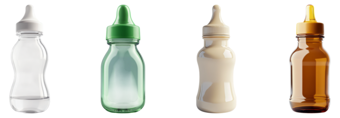 Multiple Baby Bottles in Various Colors and Materials Displayed, Isolated on Transparent Background