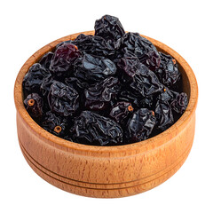 A wooden bowl overflowing with dark, wrinkled, dried fruit against a transparent background