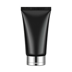 Sleek, black cosmetic tube with silver base and cap, centered on dark background