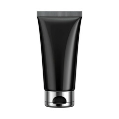 Sleek, glossy black squeeze tube, metallic cap, isolated against a stark black background