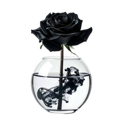 Black rose in a spherical glass vase with black ink swirling in clear water