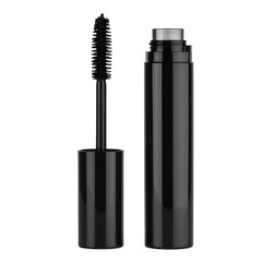 Black mascara tube with brush extended next to open container on a stark black backdrop