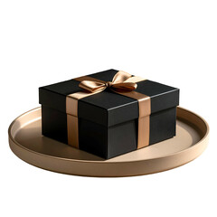 A black gift box with gold ribbon on a gold tray, set against a black backdrop