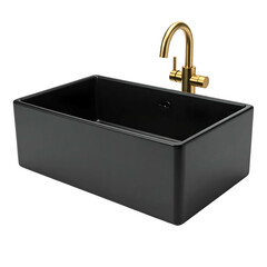 Black rectangular sink with a golden faucet on a black background