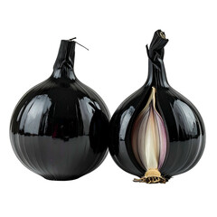 Two glossy black bulbs; one whole, the other bisected, revealing internal layers