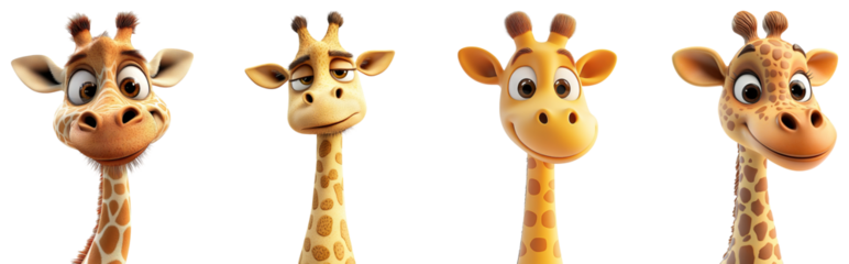 Cute Cartoon Giraffes with Expressive Faces in Various Poses, Isolated on Transparent Background