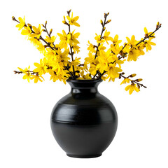 A black vase holds bright yellow forsythia branches in a close-up shot