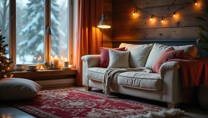 Cozy Winter Living Room Plush Couch, Soft Blankets, Warm Lighting, Inviting Atmosphere Perfect for Relaxation and Hygge
