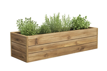 Wooden planter box with green plants herbs flowers garden container rustic isolated on transparent background