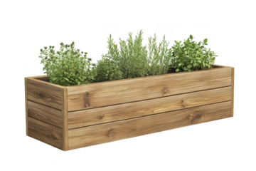 Wooden planter box with green plants herbs flowers garden container rustic isolated on transparent background