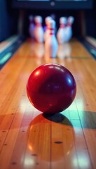 Dynamic Bowling Action Close-Up of a Bowling Ball Speeding Down a Polished Lane, Scattering Pins in its Wake.  Indoor Sport, Energy, Motion.