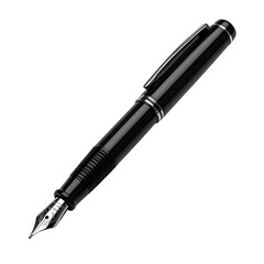 A glossy, black fountain pen with silver accents, isolated on a black background