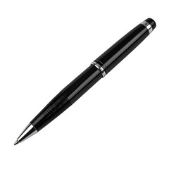 A sleek, black ballpoint pen with silver accents, poised against a stark black background